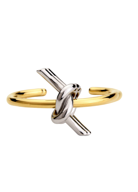 Lottie Bangle in two-tone gold and silver finish with lace knot detail. A refined blend of grace and strength—perfect for stylish women in Hong Kong.
