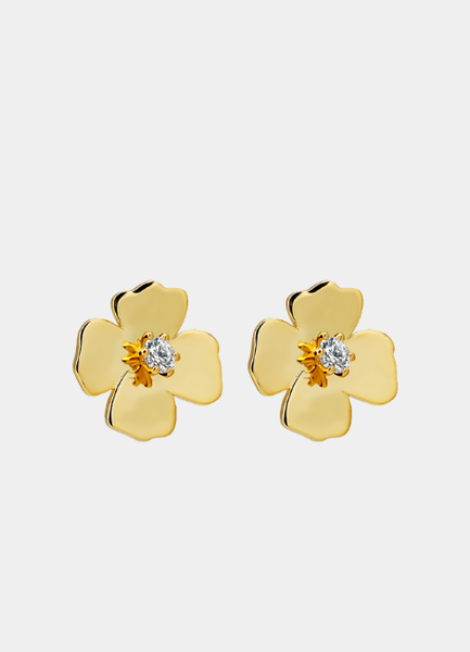 Elegant Adele flower earrings in 18K gold plating, featuring a delicate floral design perfect for everyday elegance or special occasions.
