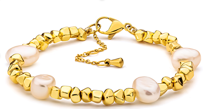 Delicate 18K gold plated bracelet featuring mini geometric beads and pearls, perfect for a modern, elegant look.