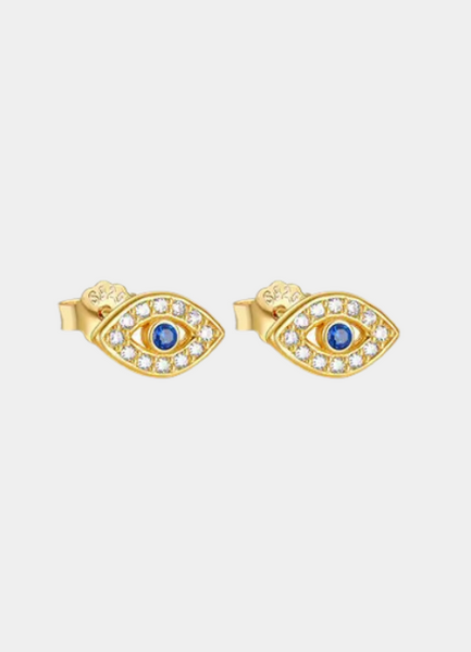 Chic Petite Eye Studs in 18K gold-plated 925 sterling silver. Minimal yet striking, perfect for everyday wear with a subtle protective charm vibe.