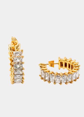 18K gold plated hoop earrings with baguette-cut zircon crystals, perfect for a sparkling, elegant statement look.