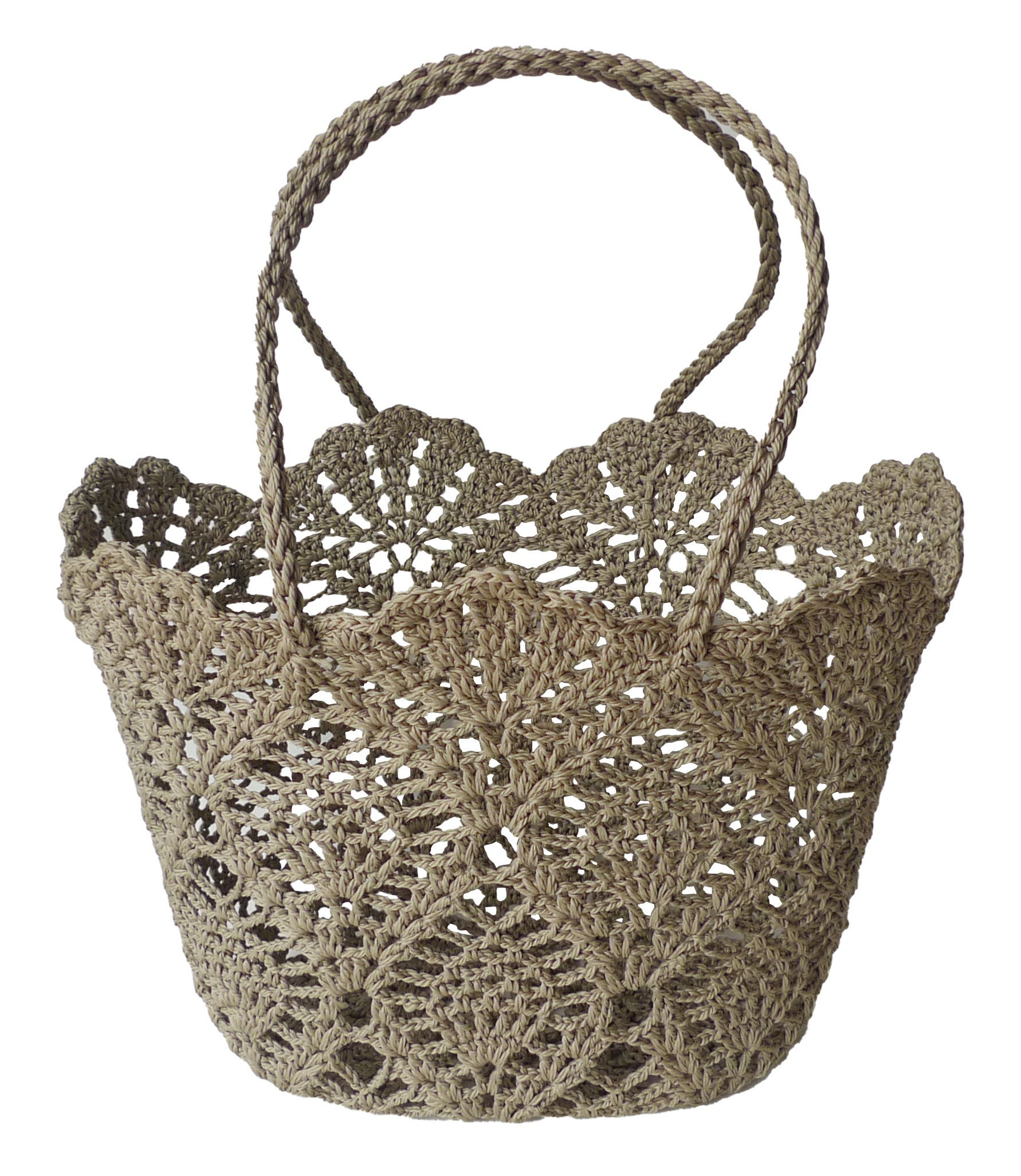 Taupe daisy crochet shopper basket with round handles, handcrafted tote bag perfect for summer or casual minimalist fashion in Hong Kong

