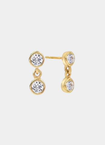 Double Diamond Dangle Earrings with 18K gold plating close-up.