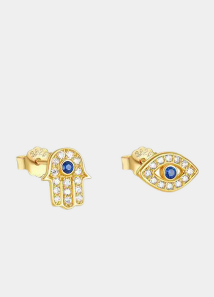 Symbolic and stylish, the Petite Eye & Hand Stud Earrings are designed to inspire protection and elegance in every look. Crafted in 925 sterling silver with 18K gold plating, these delicate studs feature an intricate eye and hand motif, known for its symbolism of luck, clarity, and guidance.