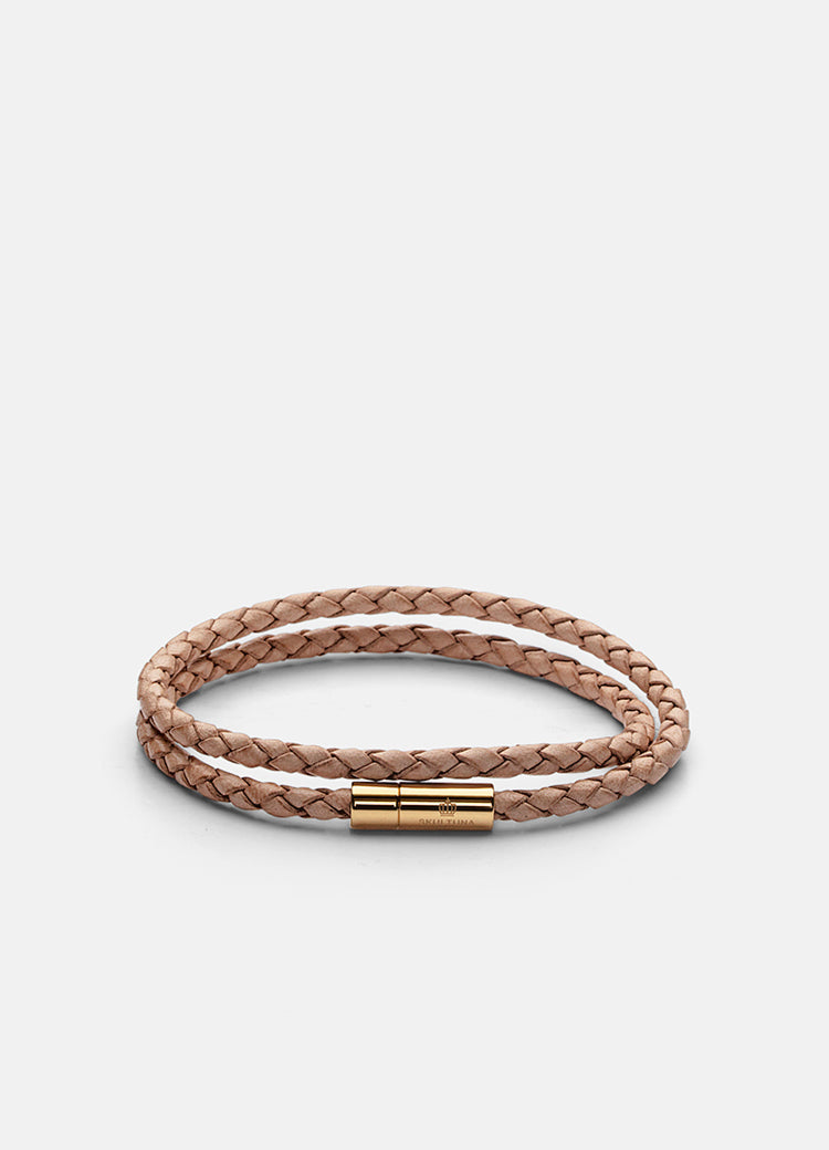 Natural leather double row bracelet with gold clasp, 4mm width, stylish handmade wrist accessory for men and women.
