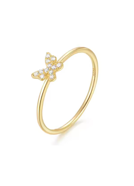 Mini Butterfly Ring with Zirconia – 18K Gold Plated on 925 Sterling Silver, Dainty Adjustable Design