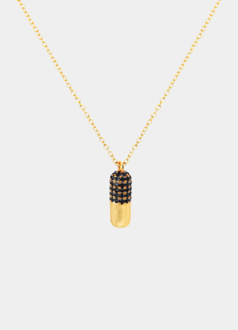 “18K gold plated Happy Pill necklace with black pendant”