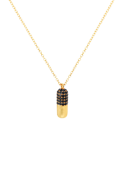“Black capsule pendant necklace, gold plated chain”