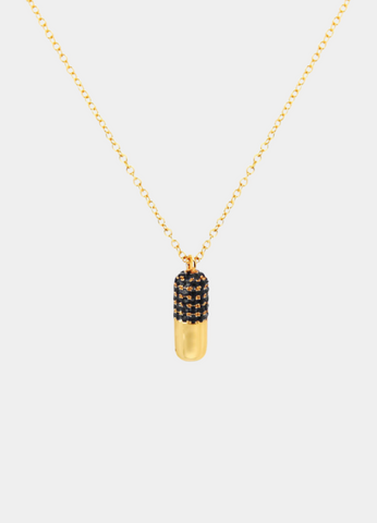 “18K gold plated Happy Pill necklace with black pendant”