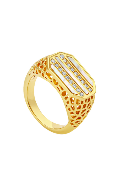 Serenity Signet Ring – 18K Gold Plated with Mother of Pearl & Zirconia for Women in Hong Kong