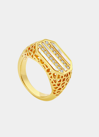 Serenity Signet Ring in 18K gold plating features mother of pearl and zirconia—sophisticated sparkle for modern women in Hong Kong.