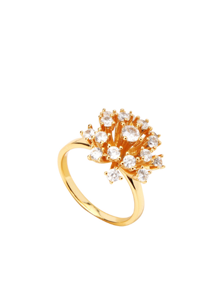 Shirin Ring—delicate floral bloom design in 18K gold plating. A feminine and graceful piece for stylish women in Hong Kong