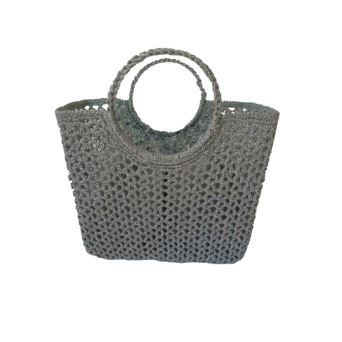 Handcrafted silver crochet shopper bag with round handles – stylish basket tote for everyday use