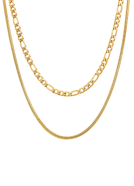 Necklace | Double Layer Figaro & Snake Chain | 18K Gold Plated