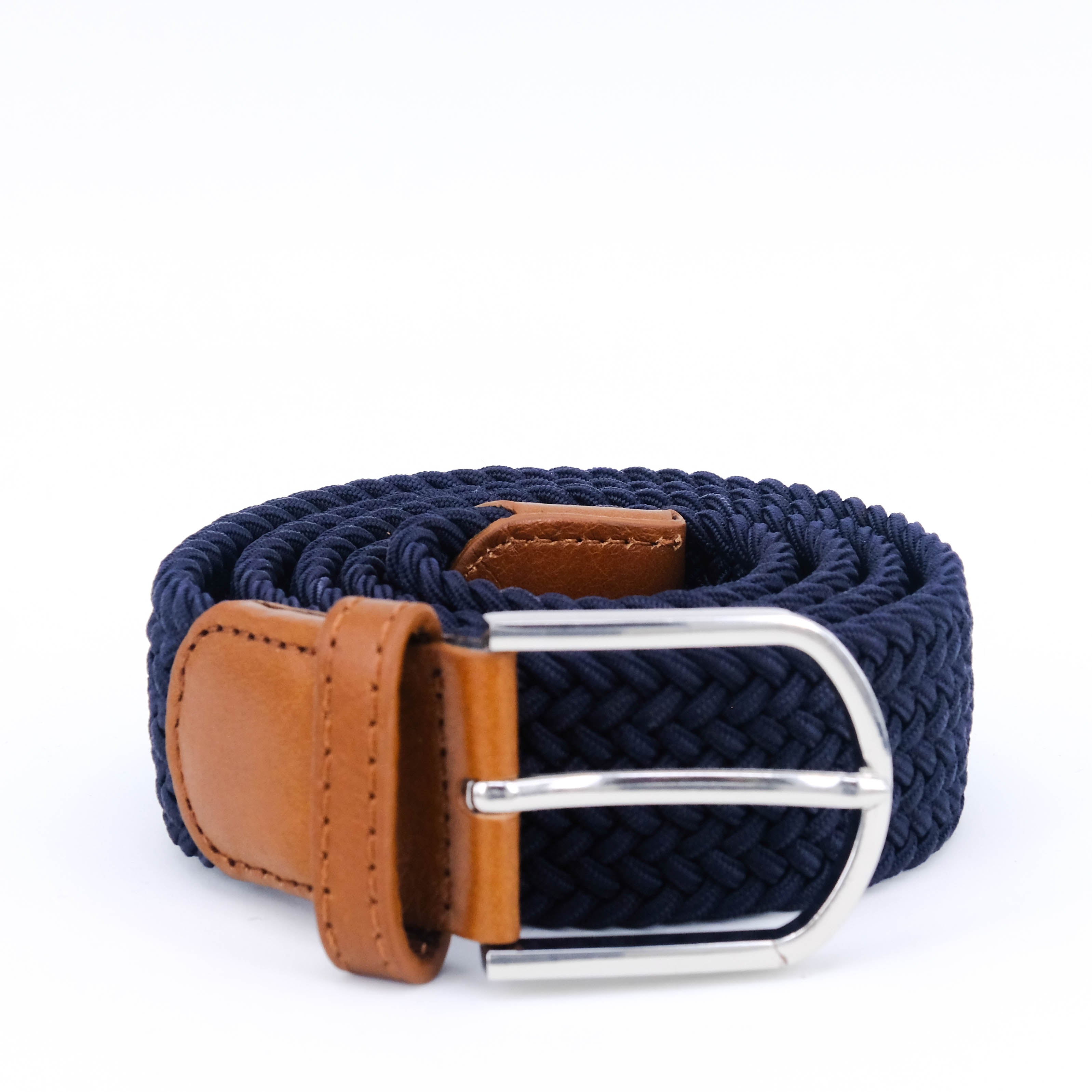 Braided Belt | Navy | Cognac Leather | Steel - STOCKHOLM 